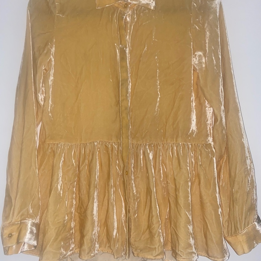 Sundance catalog yellow Velvet Button Down 100% SILK Shirt Sz XS EUC Babydoll - Picture 2 of 7